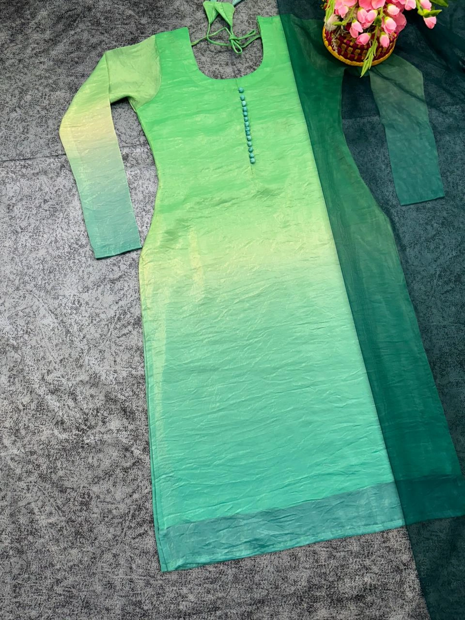 Yellow-green Gold crush Shaded Padding kurti with dupatta